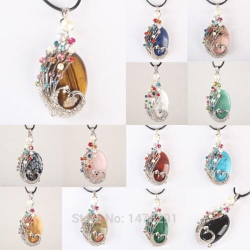 New Opal Rose Pink Quartz Onyx Lapis Carnelian Tigers Eye Oval Shaped Bead Inlaid Diamante Pearl Peacock Pendant 1PCS