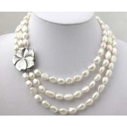 Natural Jewelry 3 Rows White Freshwater Pearl Necklace 8-9mm Shell Clasp Fine Plated gold Bridal wide watch wings queen