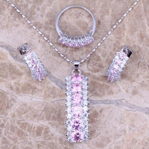 Luxurious Pink White CZ Silver Plated Jewelry Sets Earrings Pendant Ring Size 6 / 7 / 8 / 9 / 10 S0156