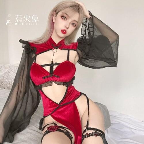 Dark Retro Witch Sexy Hollow Silk Sleeve Cheongsam Sexy Lingerie Witch Tight Game Wear Bandage Nightclub Costume Slutty Clothes