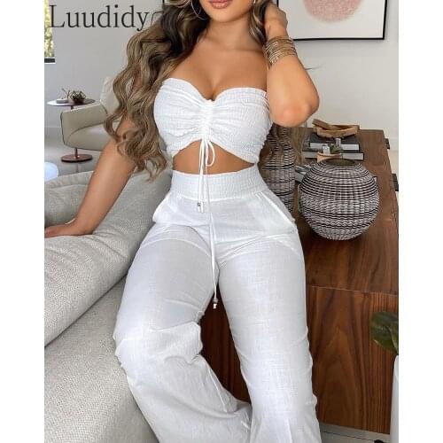Sexy Off Shoulder Top &Shirred High Waist Pants Set