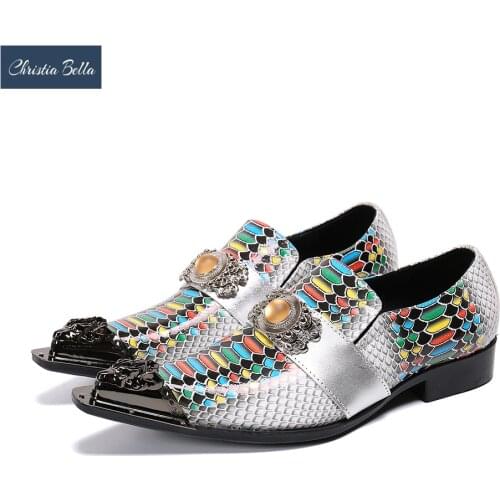 Christia Bella Vintage Metal Square Toe Men Real Leather Shoes Big Size Party Wedding Formal Shoes Male Business Brogues Slip On