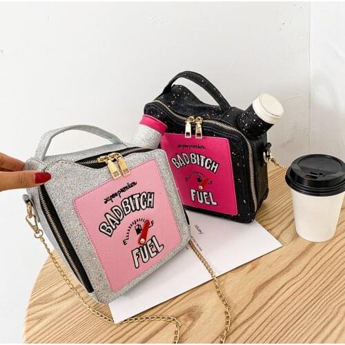 Fun Shoulder Bag for Women Embroidery Letters Gasoline Bottle Shape Chain Mesenger Bag Creativity Party Purse and Handbag MD0256