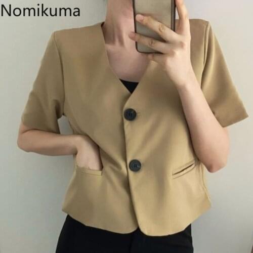 Nomikuma Short Sleeve V-neck Blazer Coat Women Casual Korean Solid Blazers 2021 Summer Thin Single Breasted Suit Jacket 6H311