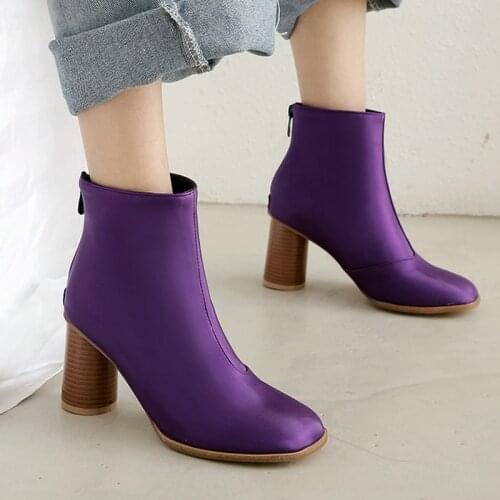 Purple Black Sliver Fashion Women Boots PU Leather Square Toe Ankle Boots Ladies Zipper Thick High Heel Autumn Winter Shoes