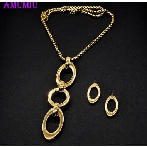 AMUMIU Women Infinite Love Stainless Steel Jewelry Sets Gold Color Metal Rhinestones Round Necklace Earrings Fashion JS090
