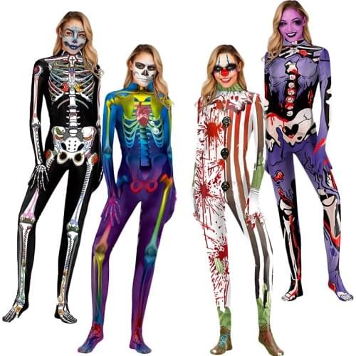 Women Cosplay Skeleton Scary Costumes Adult Men Zombie Skull Clown Jumpsuit Day Of The Dead Family Carnival Party Devil C69C68