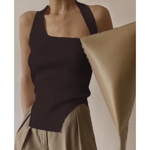 Womens Halter Vest Sleeveless Rib Knit Solid Color Irregular Hem 2021 Summer Casual High Street Fashion Simple Personality