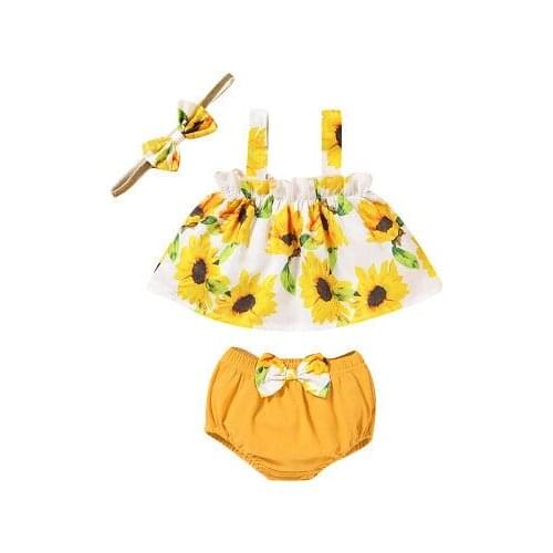 Citgeett Summer Sunflower 3Pcs Newborn Baby Girl Floral Sling Vest Tops+Shorts Outfits Yellow Cute Clothes Set