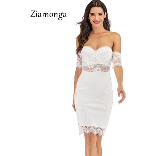 Ziamonga Sexy Floral Lace Insert Tube Dress Women Strapless Half Sleeve Night Club Party Dresses Female Bodycon Mini Lace Dress