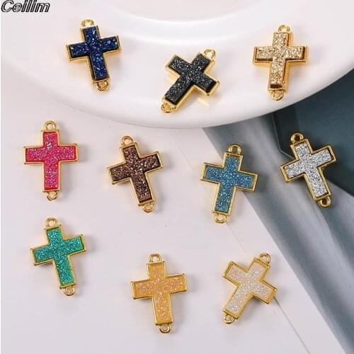 10pcs 21x14mm Cross Resin Stone Connector Charms Golden Diy Druzy Pendant Charm Jewelry Making Earrings Findings Accessory