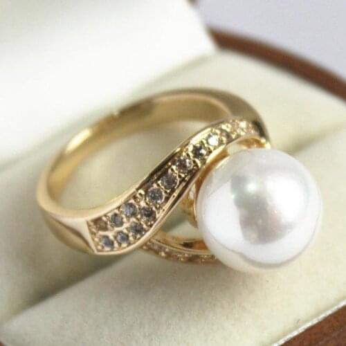 Noble ladys 18KGP with crystal decorated &12mm white shell pearl ring(#7 8 9 10)