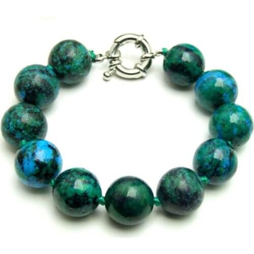 14mm Round Green Natural Chrysocolla Stone Bracelet for Women 7.5" Jewelry
