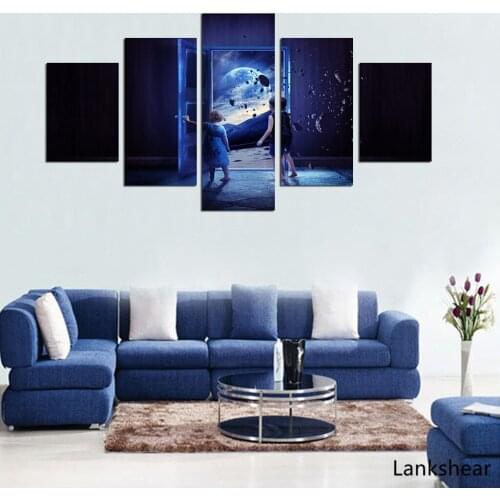 Home Decor Modular Canvas Picture 5 Piece Girl And Boy At The Door Painting Poster Print Planet Stone For Home Canvas Artwork