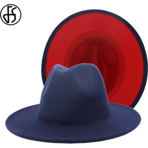 FS 60CM Hat British Style Navy Blue Red Bottom Patchwork Felt Jazz Cap Men Women Flat Brim Wool Fedora Hats Panama Trilby Caps