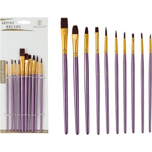 10Pcs/bag Watercolor Gouache Paint Brushes Different Shape Round Pointed Tip Nylon Hair Painting Brush Set Art Supplies No Box