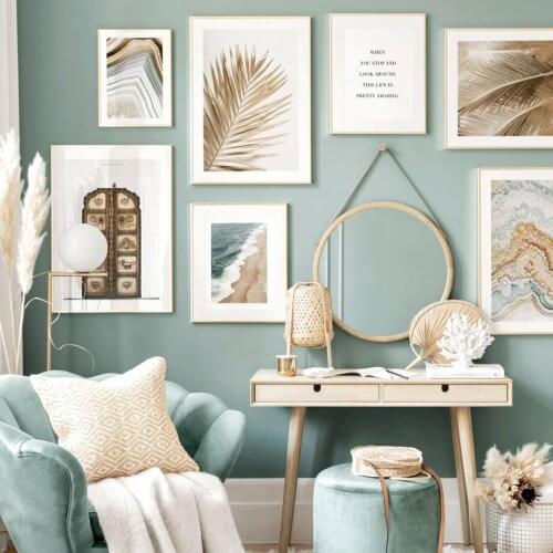 Beautiful Ocean Waves and Leaves Landscape Canvas Painting Art Nordic Posters and Prints Wall Pictures for Living Room Decor