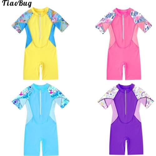 TiaoBug Summer Kids Girls One-Piece Swimwear Short Sleeves Front Zipper Closure Shorts Jumpsuit Beach Pool Bathing Swimsuit