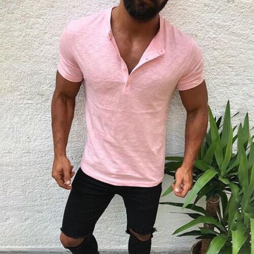 Man T-shirt 2021 Casual Summer Short Sleeve Tees Slim Stylish Pullover Button Up V-neck Men Short Sleeve T Shirts Solid Tops 2XL
