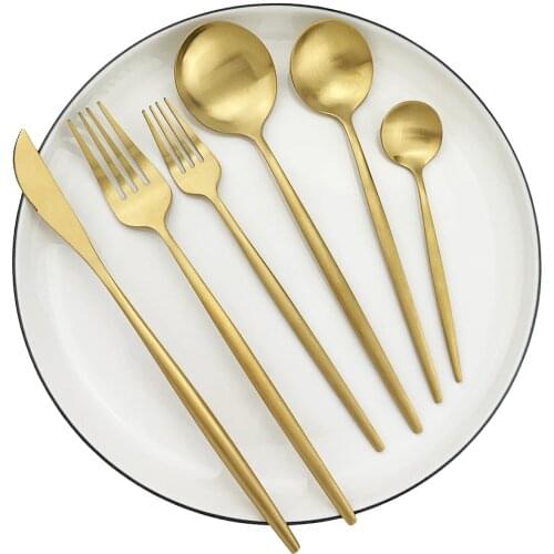 4 / 6 Set Gold Dinnerware Set Knife Fork Spoon Flatware 304 Stainless Steel Tableware Set Silverware Matte Kitchen Cutlery Set