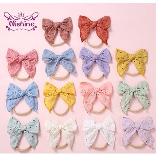 Solid Color Embroidered Bows Baby Hairband Cute Handmade Bowknot Elastic Nylon Headband Kids Hair Accessories Photography Props