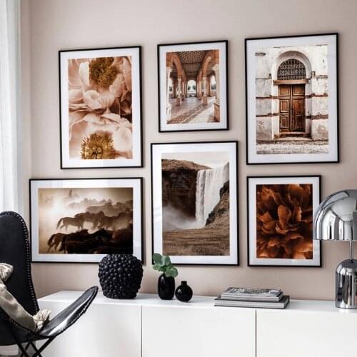 Spain Seville Peony Waterfall Rustic Door Horse Nordic Poster Wall Art Print Canvas Painting Wall Pictures For Living Room Decor