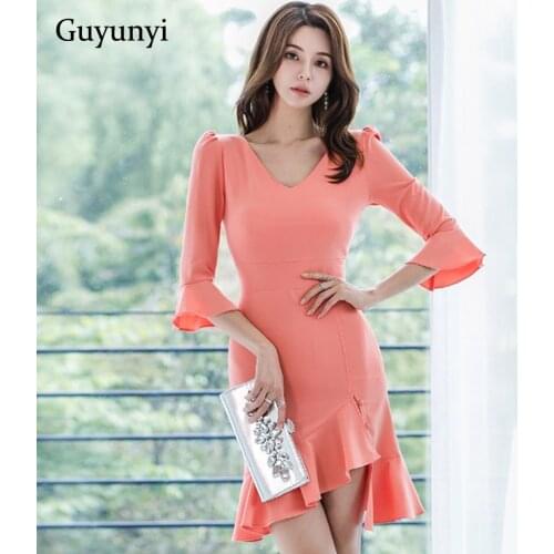 Sexy Nightclub Dress Autumn High Waist Slim Seven-Point Lotus Leaf Sleeve Asymmetrical Ruffled Hem Elegant Party Dress Women