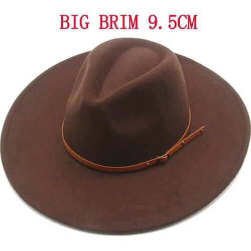 Women hats winter big brim 9.5cm solid color band belt fedora hats khaki black white outdoor round top jazz caps men winter hats