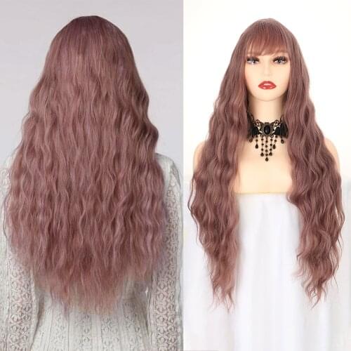 Synthetic Long Curly Wave Wig With Air Bangs 26 Inches Middle Parting Grey Pink Hair Wigs For Women Daily Party Cosplay Club Use