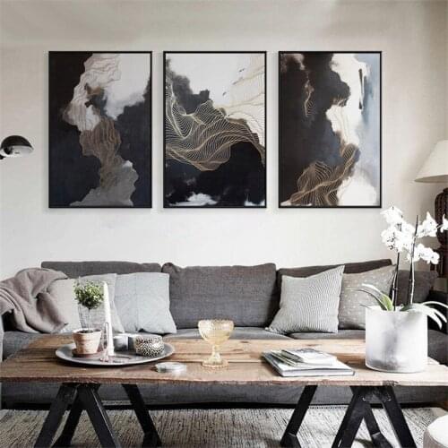 Nordic Abstract Gold Line Landscape Graphics Fog Canvas Painting Sofa Wall Picture Poster Restaurant Living Room Decoration
