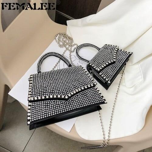 Elegant Luxury Evening Diamonds Clutch Bag Female Beading Chains Rivet Wave Flap Crossbody Bags Women Party Rhinestone Handbags