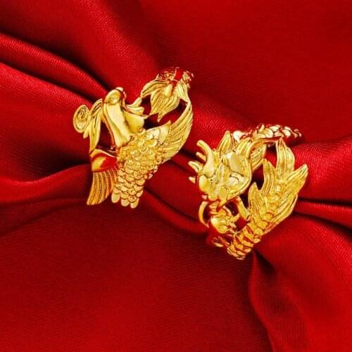Gold Dragon Phoenix Couples Wedding Rings Adjustable Jewelry Wholesale
