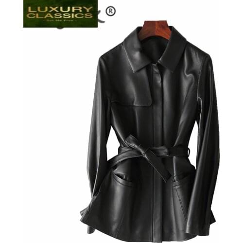 Women Genuine Leather Jacket Moto Jacket + Belt Real Sheepskin Coat Female Autumn Slim Long Outwear Winter Clothes LR1937