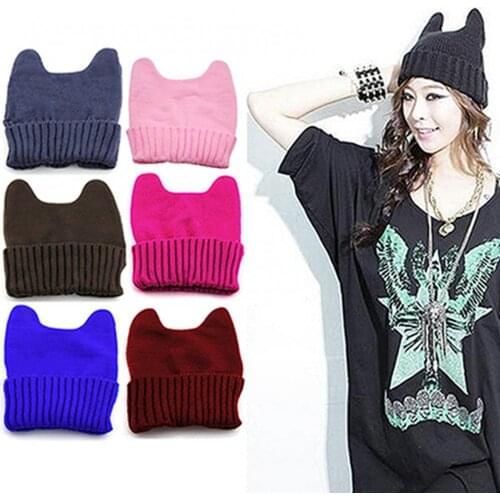 Women Girl Warm Winter Animal Ear Shape Knitted Soft Cute Hat Elastic Beanie Hat
