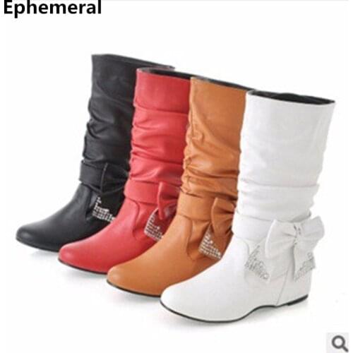 Ladies Big Size(4 -16)Warm Velvet Bow Rhinestone Round Toe Soft Leather Mid-calf High Boot Winter Wedges Booty Women Girls Shoes