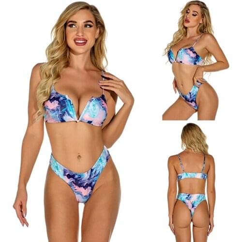 Women Sexy V-Neck Tie-Dye Split Swimsuit Bikini Pink Blue