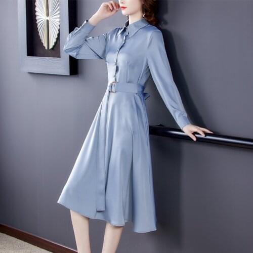 Summer Satin Casual Women Dress Korean Vintage Solid Silk Shirt Dress Short Sleeve Office Lady Plus Size Midi Dress Vestido