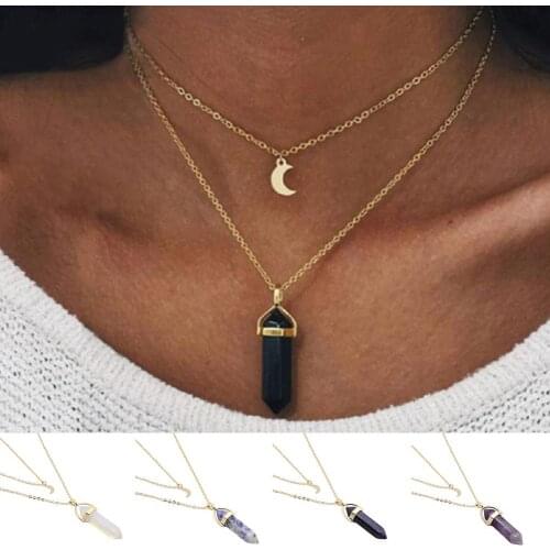 Women Hexagonal Prism Moon Charm Double Layer Chain Necklace