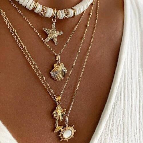 2021 Necklace for Women Fashion Soft Pottery Starfish Shell Pendant Necklace Retro Sun Multilayer Necklaces Jewelry