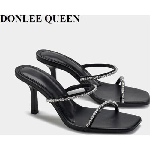 2021 Brand Rhinestone Slippers Women Square Toe Med Heels Mule Shoes For Party Candy Color Sandal Slip On Slide Flip Flops Mujer