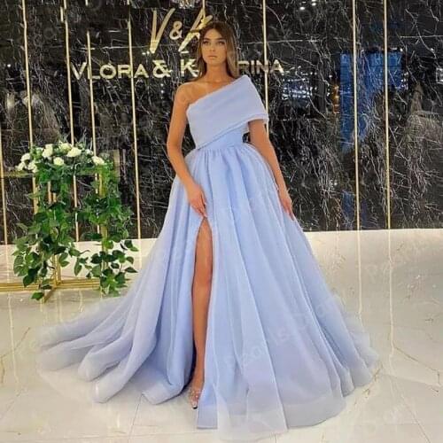 Arabic One Shoulder Prom Party Gowns High Slit A Line Evening Dress Plus Size Formal Organza Women Special Occasion Dresses 2021