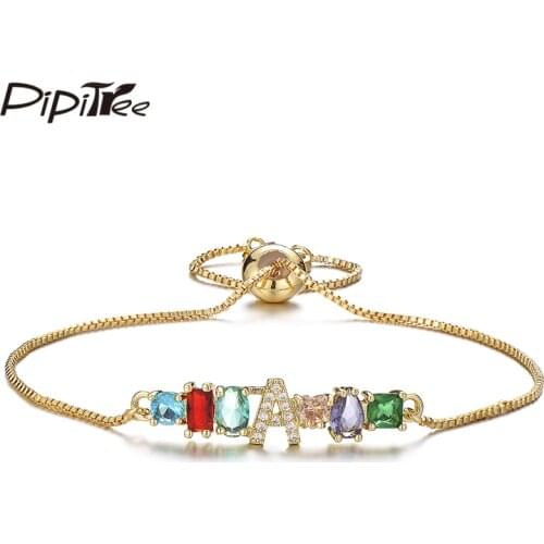 Pipitree Irregular Cubic Zirconia Crystal Bracelet Adjustable Chain Alphabet Letter Initial Charm Bracelets for Women Jewelry