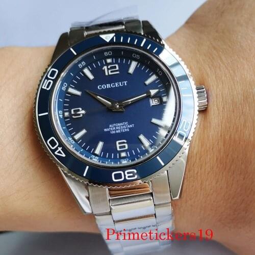Corgeut 41mm mechanical automatic men wristwatch miyota 8215 movement date display sapphire glass stainless steel band