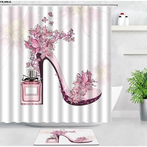 FILMILIL Pink Butterfly Flowers High Heels Shower Curtains Bath Mats Set Perfume Fashion Woman Home Decor Door Pad Bathroom Rugs