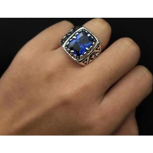 Vintage Blue Stone Ring For Men Real 925 Sterling Silver Ring Women Heavy Rock Jewelry For Biker Man Resizable Size 9-11