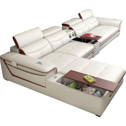 Living Room Sofa set furniture real genuine cow leather sofas bluetooth puff asiento muebles de sala canape L shape sofa cama