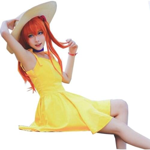 Asuka Langley Soryu Cosplay Costumes EVA Yellow Sexy Shoulder-Straps Dress Halloween Party Outfit for Women Girls
