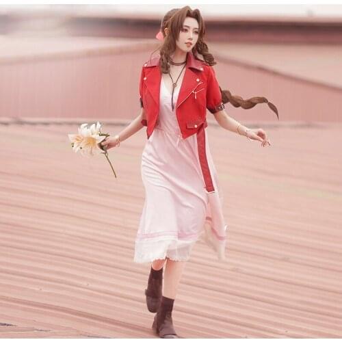 Final Fantasy VII Aerith Gainsborough Cosplay Costume Game FF7 Aerith Red Jacket Pink Dress Fancy Clothing Halloween Uniforms