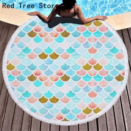 Round Beach Towel Geometric Scales 3D Microfiber Bath Mat Blanket Shower Cover Travel Quick-dry Summer Seaside Gym Yoga Towels