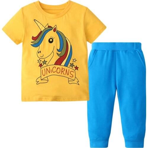 27kids Children Summer Suit Girls Shorts and T-shirt Trousers Pants Solid Color Unicorn Cartoon Partern Casual Cothes 2-7Years